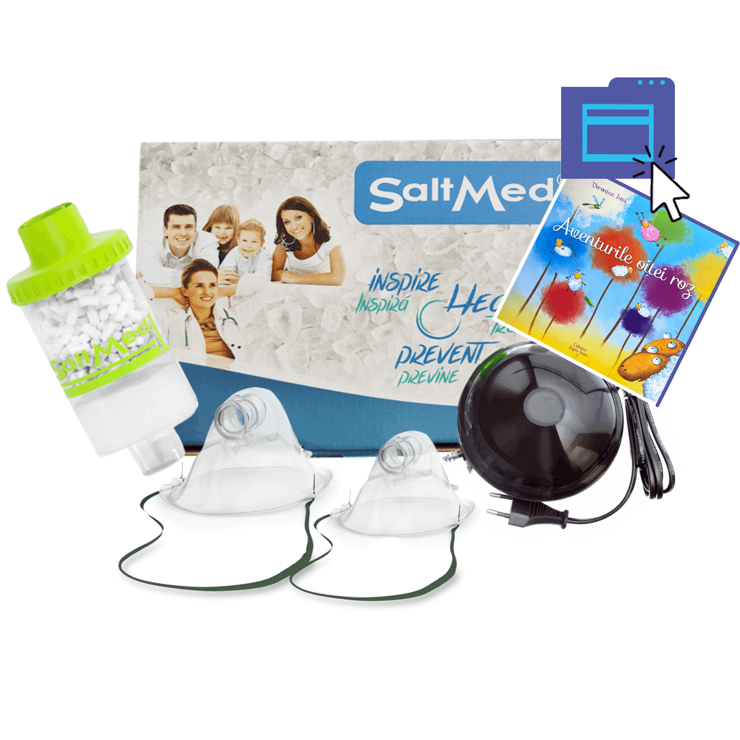 Inhalatorul salin SaltMed: pompa electrica, masti aerosoli, cartus L & Ghid digital