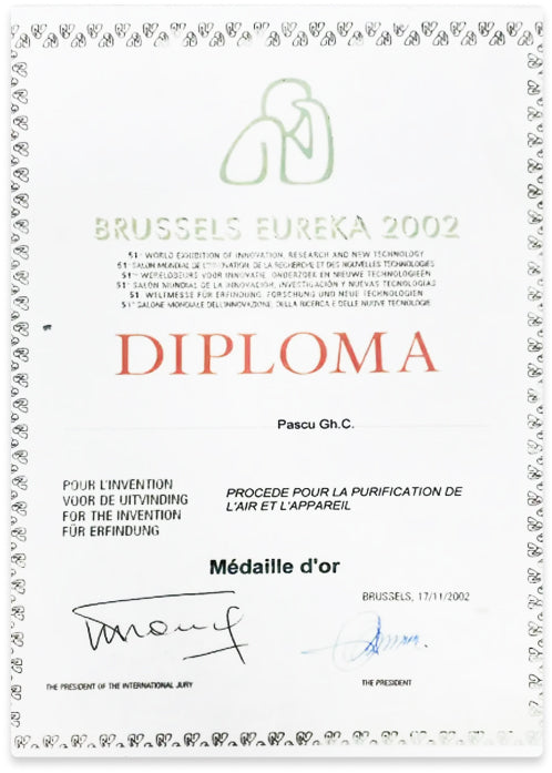 Diploma pentru Medalia de Aur la „World Exhibition of Innovation, Research and new Technology” EUREKA de la Bruxelles